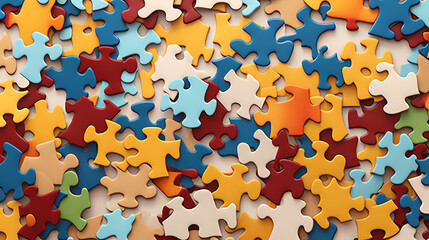 Various colorful puzzle pieces scattered on the background