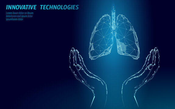 Human lungs 3D health care recovery medical concept. Low poly internal organ avoid disease banner. Polygonal glowing medicine cure tuberculosis vector illustration