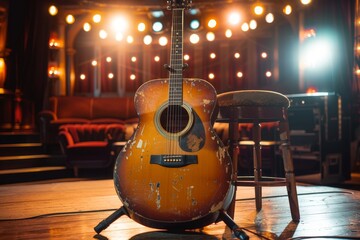 A wooden guitar sits on a stage, surrounded by furniture and bathed in light, ready to fill the...