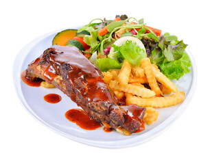 Barbecued pork ribs Served with Salad and French Fries on transparent png