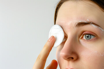 Woman removing makeup with a cotton pad