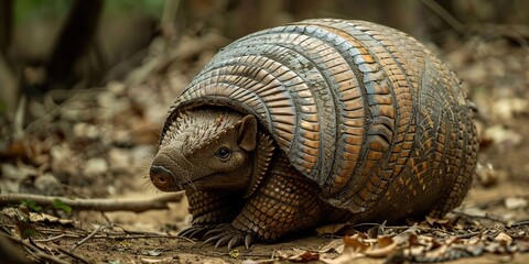 Obraz premium A close-up of an armadillo armored shell as it rolls into a ball , concept of Protection