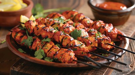 Tandoori chicken skewers served on a traditional clay platter, garnished with fresh cilantro and lemon wedges