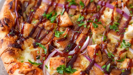 Pizza Italian, tasty with mozzarella cheese and tomato, background, pattern. Pizza for promo flyer restaurant, menu, advert or package