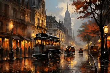 Zelfklevend Fotobehang a painting of a city street at night with a bus driving down it © yuchen