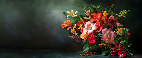 a bouquet of flowers sits on a dark background in the