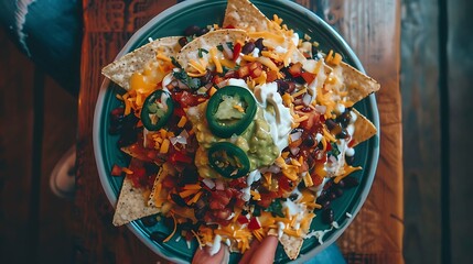Tex-Mex loaded nachos with melted cheese, black beans, jalape?+/-os, guacamole, sour cream, and salsa - obrazy, fototapety, plakaty