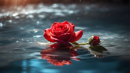 red rose in water in the morning, A vibrant red rose floating gracefully in a crystal clear pool of water, its delicate petals reflecting the sunlight in a mesmerizing display. - obrazy, fototapety, plakaty