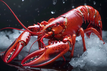 Vibrant red lobster on ice with water droplets, dark background.
