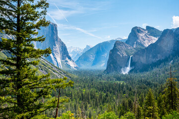 Yosemite national park, California, Tunnel View with Capitan and waterfall. Beautiful famous park of USA 