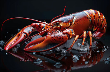Vibrant red lobster on ice with water droplets, dark background.