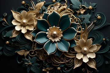 A close up of a painting featuring gold and green flowers on a black background
