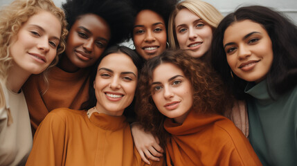 Group portrait of diverse women of different races and ethnicities together. Feminism sisterhood concept.
