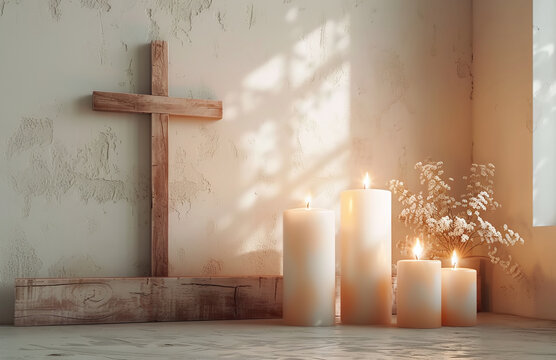 Tranquil scene with lit candles and a wooden cross, symbolizing spirituality and Christian faith.
