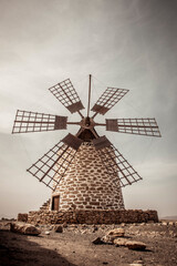 Vertical shot of Tefia historical windmill on Fuerteventura, Canary Islands