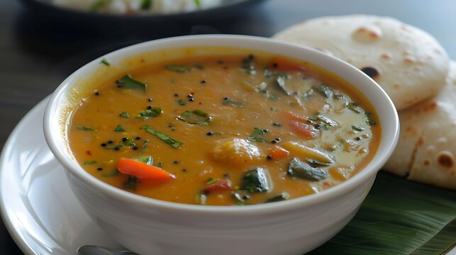 Indian sambar lentil soup with vegetables, tamarind, and spices, served with idli or dosa