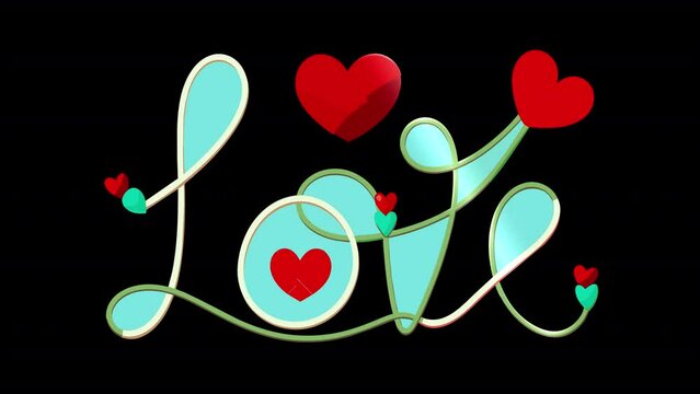 The word "love" drawn by hand uniquely and creatively. The letters are drawn using hearts and the word is surrounded by many hearts of different sizes and colors. No background with alpha chanal