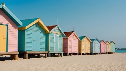 A serene beach with pastel-colored beach huts.