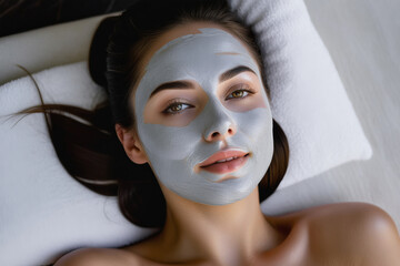 Portrait of a young woman with clay mask applied to her facial skin. Skincare and wellness concept. Face clay mask, spa beauty treatment. Closeup
