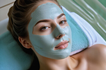 Portrait of a young woman with clay mask applied to her facial skin. Skincare and wellness concept. Face clay mask, spa beauty treatment. Closeup