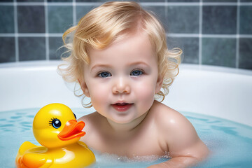 Portrait of happy laughing baby bathing in bathtub with yellow toy duck. Bathing and washing of little kids. Children hygiene.