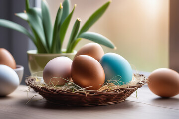 Colorful Easter eggs and spring flowers. Easter holiday concept. Happy Easter! Greeting card.