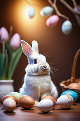 Easter bunny and colorful eggs. Easter holiday concept. Happy Easter!