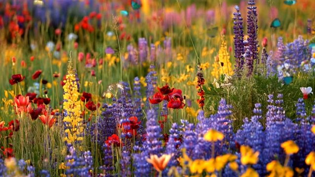 The amazing phenomenon of spring scenery with various kinds of beauty, colorful flower fields, , Seamless looping time-lapse 4k animation video background  Generated AI