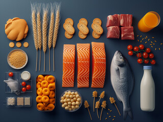 ears of wheat, cookies, fish, milk, meat, vegetable oil, juice, box, on a dark blue background