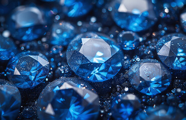 Close-up of sparkling blue gemstones with facets reflecting light on a dark background. - obrazy, fototapety, plakaty