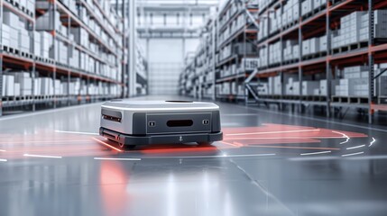 A futuristic AGV uses artificial intelligence to scan barcodes while navigating a data-integrated shipping warehouse.