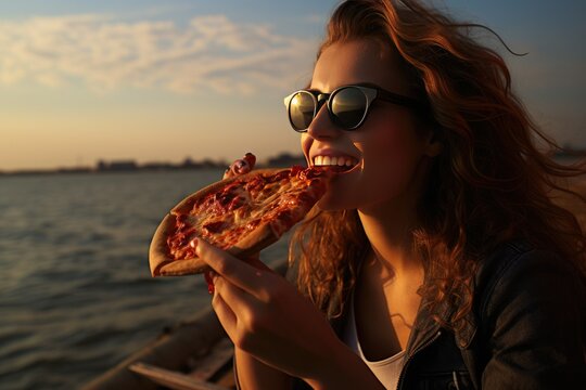 A Woman Enjoying A Pizza Snack Outdoors