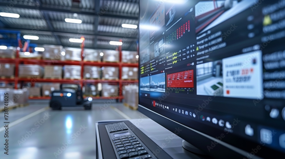 Poster an advanced logistic software interface on a monitor with an operational agv in the background, unde