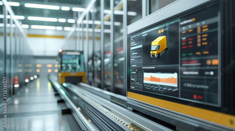 Poster an advanced logistic software interface on a monitor with an operational agv in the background, unde