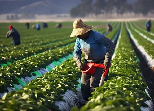 A worker picks strawberries in the field with a shovel and other farm workers