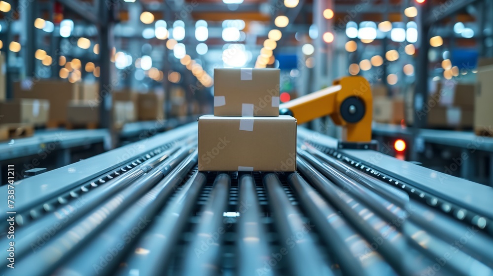 Aufkleber detailed view of a robotic agv arm engaging in automated package sorting on a conveyor belt in a mod