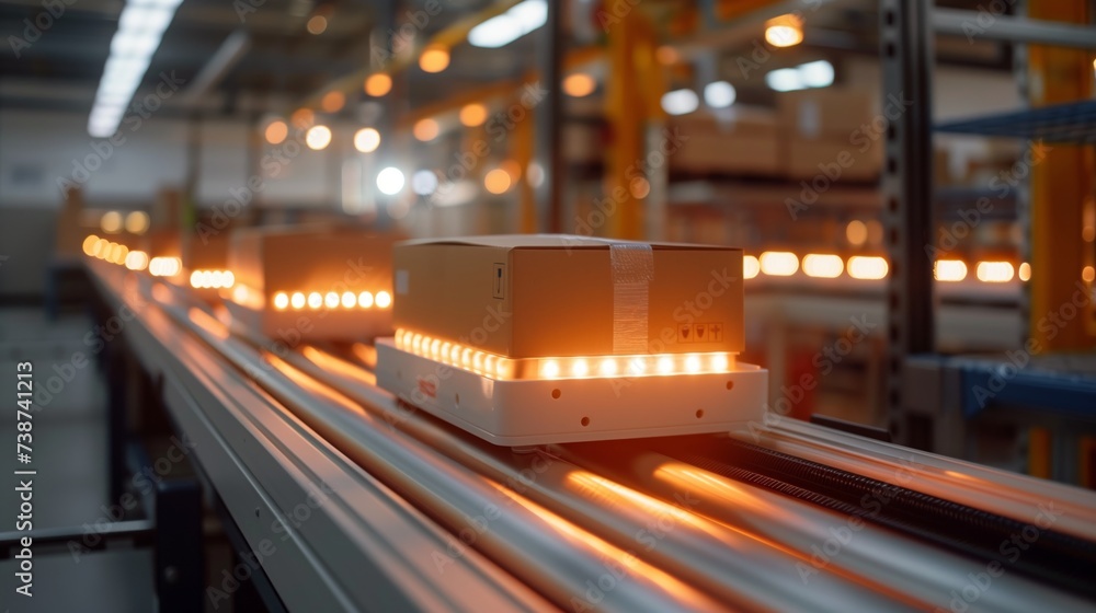Aufkleber detailed view of a robotic agv arm engaging in automated package sorting on a conveyor belt in a mod