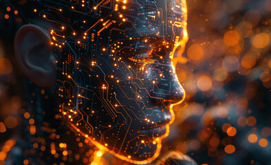 Digital human face with glowing circuit patterns representing artificial intelligence and futuristic technology.