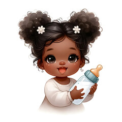 Delicate watercolor portrayal of an adorable black baby girl, cradling a baby bottle with innocence and sweetness.