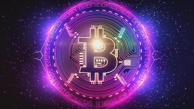 In a cyberpunk aesthetic, a Bitcoin symbol gleams amidst bold pink and purple neons set against a dark backdrop, echoing the future of digital currency