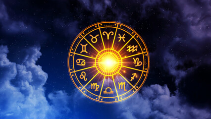 Concept of astrology and horoscope, person inside a zodiac sign wheel, Astrological zodiac signs inside of horoscope circle, Astrology, knowledge of stars in the sky, power of the universe concept.