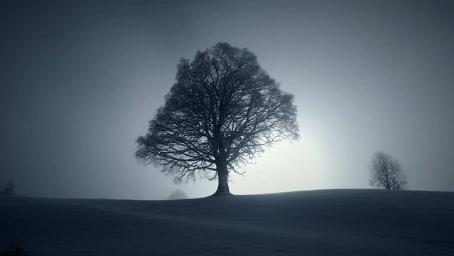Silhouette of Single Tree in Winter Snow Landscape Outdoors
