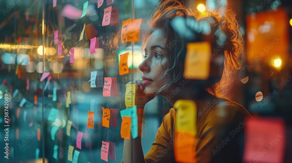 Poster a thoughtful entrepreneur engages in a brainstorming session using colorful sticky notes on a glass 