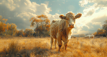 Cows grazing in a sunlit field with a clear blue sky. - obrazy, fototapety, plakaty