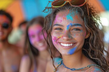 At the Holi festival, joyful men and women smile, covered in colorful paint.