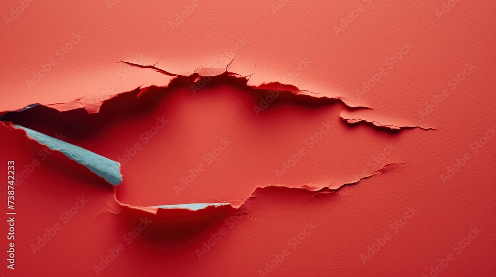 Poster a close-up of a torn red paper, creating a bold abstract pattern, ideal for artistic backgrounds and