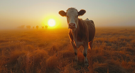 Cows grazing in a sunlit field with a clear blue sky. - obrazy, fototapety, plakaty