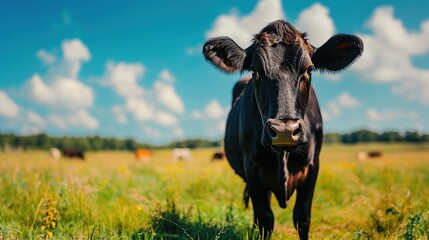 A curious cow stands in a sunny meadow, offering a friendly gaze that connects agriculture with the consumer, ideal for farm-life themes and dairy campaigns.