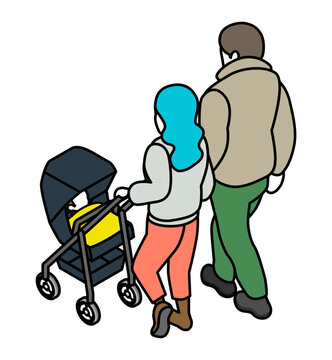 recommend clip art: The couple walking while pushing a stroller, back view - Isometric people with a line art style, winter outfits