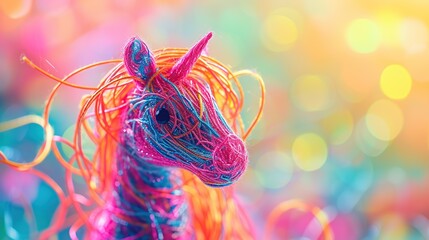 A bright and whimsical wireframe unicorn sculpture, bursting with color against a bokeh background, a fusion of art and fantasy ideal for creative and playful concepts.